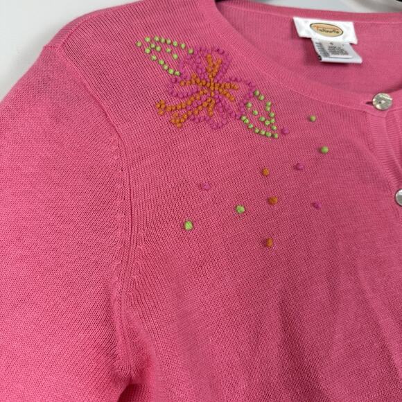 Vtg Talbots Cardigan Sweater Womens 8 Pink Pineapple Embroidery Cottage Granny - Picture 4 of 9